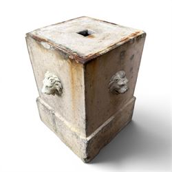 J M Blashfield - pair of 19th century buff terracotta garden urn plinths, square form with stepped base, decorated with relief lion masks