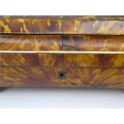 19th century tortoiseshell sewing box, of sarcophagal form upon four foliate detailed brass ball feet, the hinged cover edged in ivory with initialled silver plaque to centre, opening to reveal a silk lined interior, H9.5cm W22.5cm D18cm