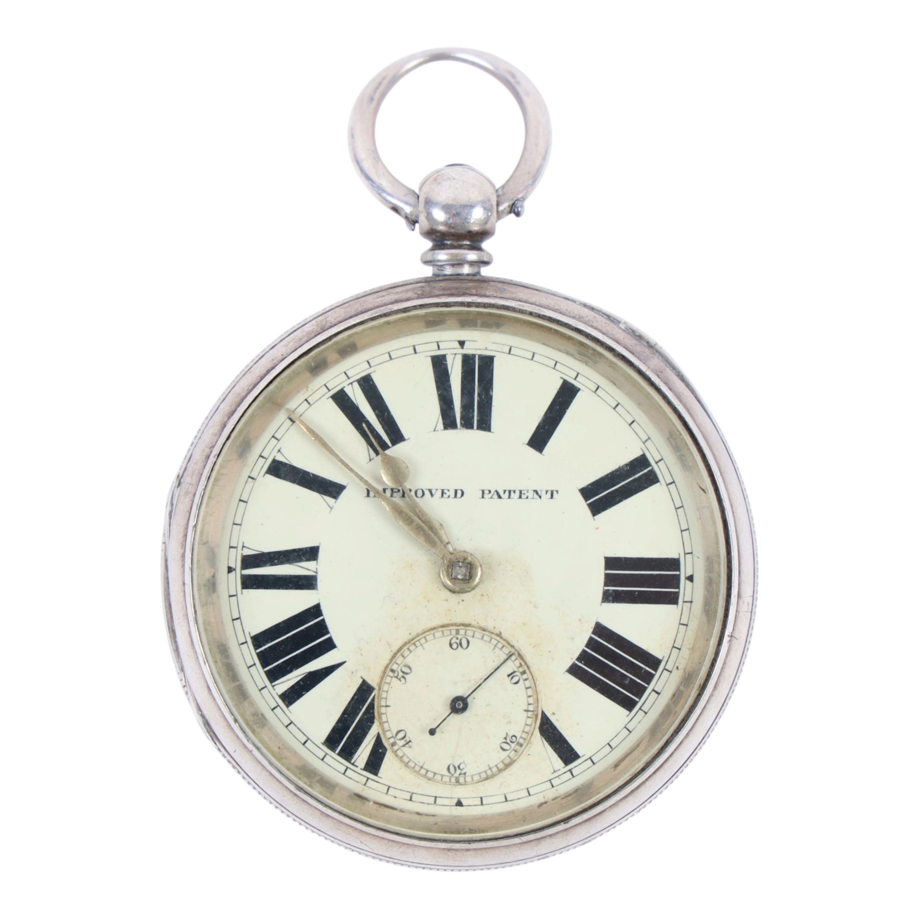Silver improved patent open faced pocket watch, together with a plated Helvetia military issue pocket watch with broad arrow verso and two silver fob watches