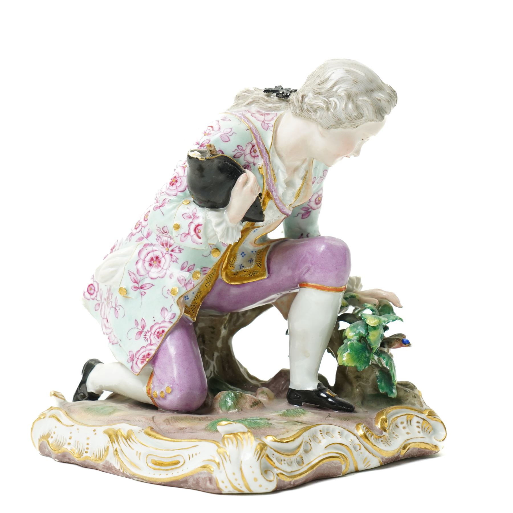 19th century Meissen figure of a gallant kneeling on gilded square base H16cm