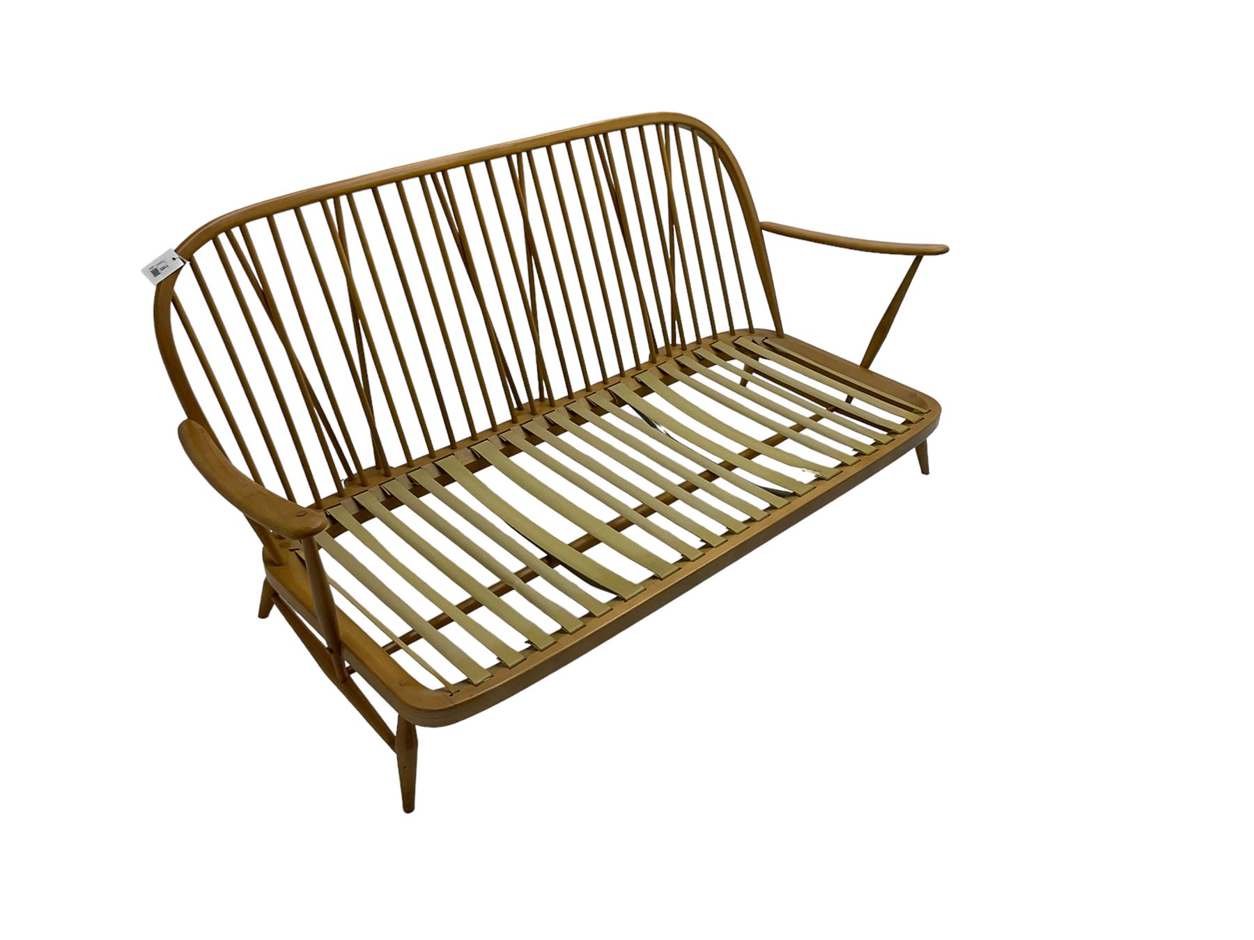 Ercol - 'Windsor' three seat settee (W175cm, H77cm); and pair ercol 'Windsor' easy armchairs (W70cm, H77cm), (no cushions, frames only)