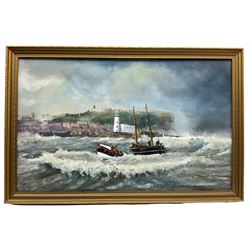 Robert Sheader (British 20th century): Leaving Scarborough Harbour under Stormy Skies, oil on board signed 37cm x 60cm