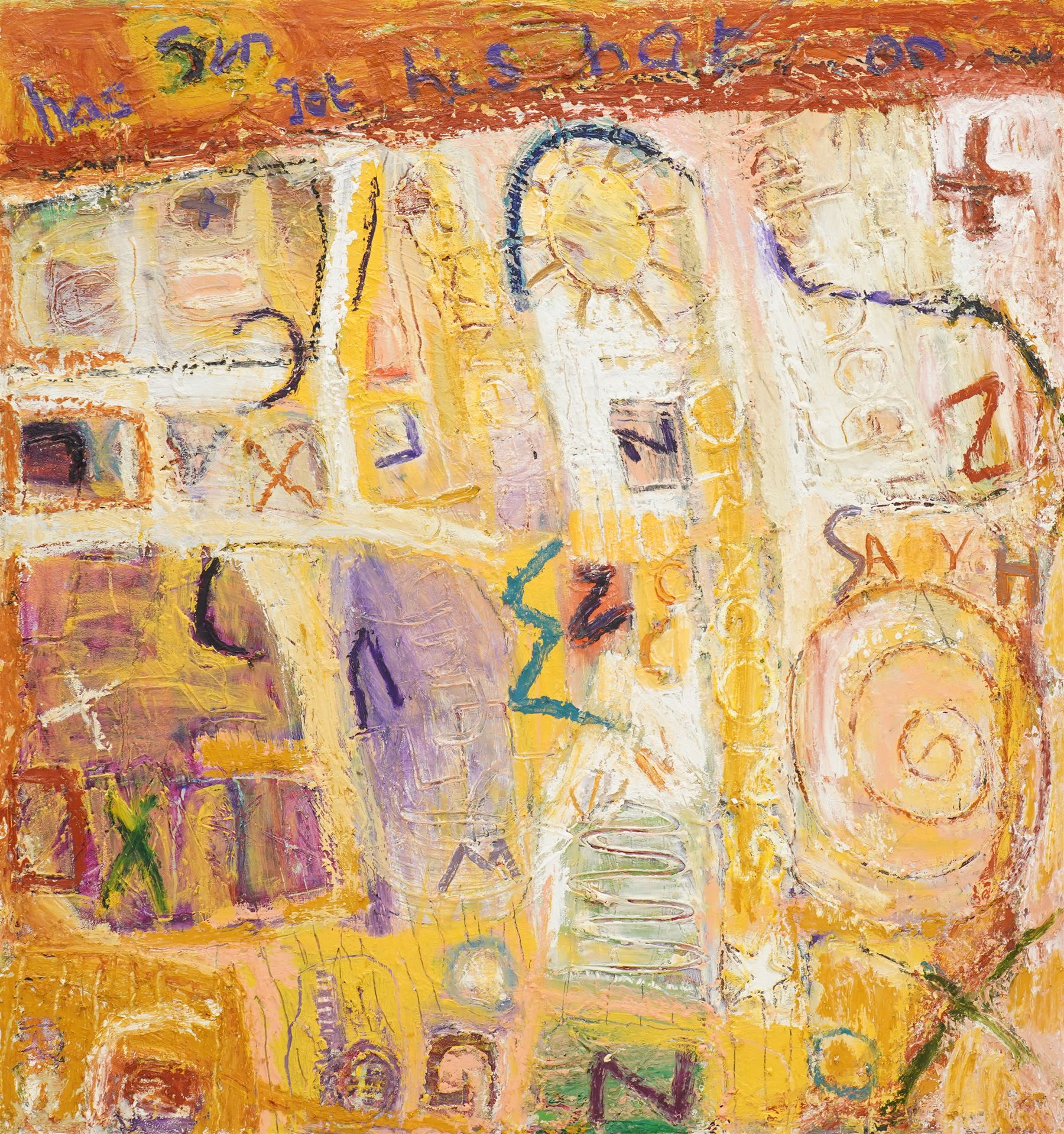 Gillian Ross Kelsey (British 1935-2025): 'The Sun Has Got His Hat On', acrylic on board unsigned 107cm x 102cm