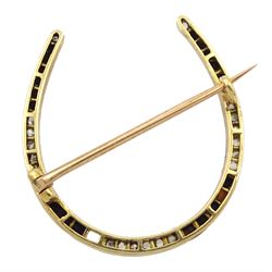 Art Deco 15ct gold milgrain set old cut diamond and black onyx horseshoe brooch