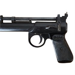 Webley Junior MK II .177 air pistol, the chamber marked 'Webley & Scott Ltd. Junior MK II Made in England', with black chequered grip