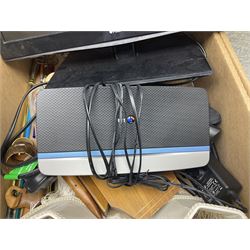 Quantity of silver plated and other metal ware to include Community cutlery and brass, together with Polaroid tv etc in three boxes