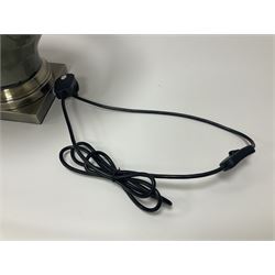 Pair of table lamps of squat baluster form, with a crackle glaze to a dark grey ground, upon a square base, including shade H57cm