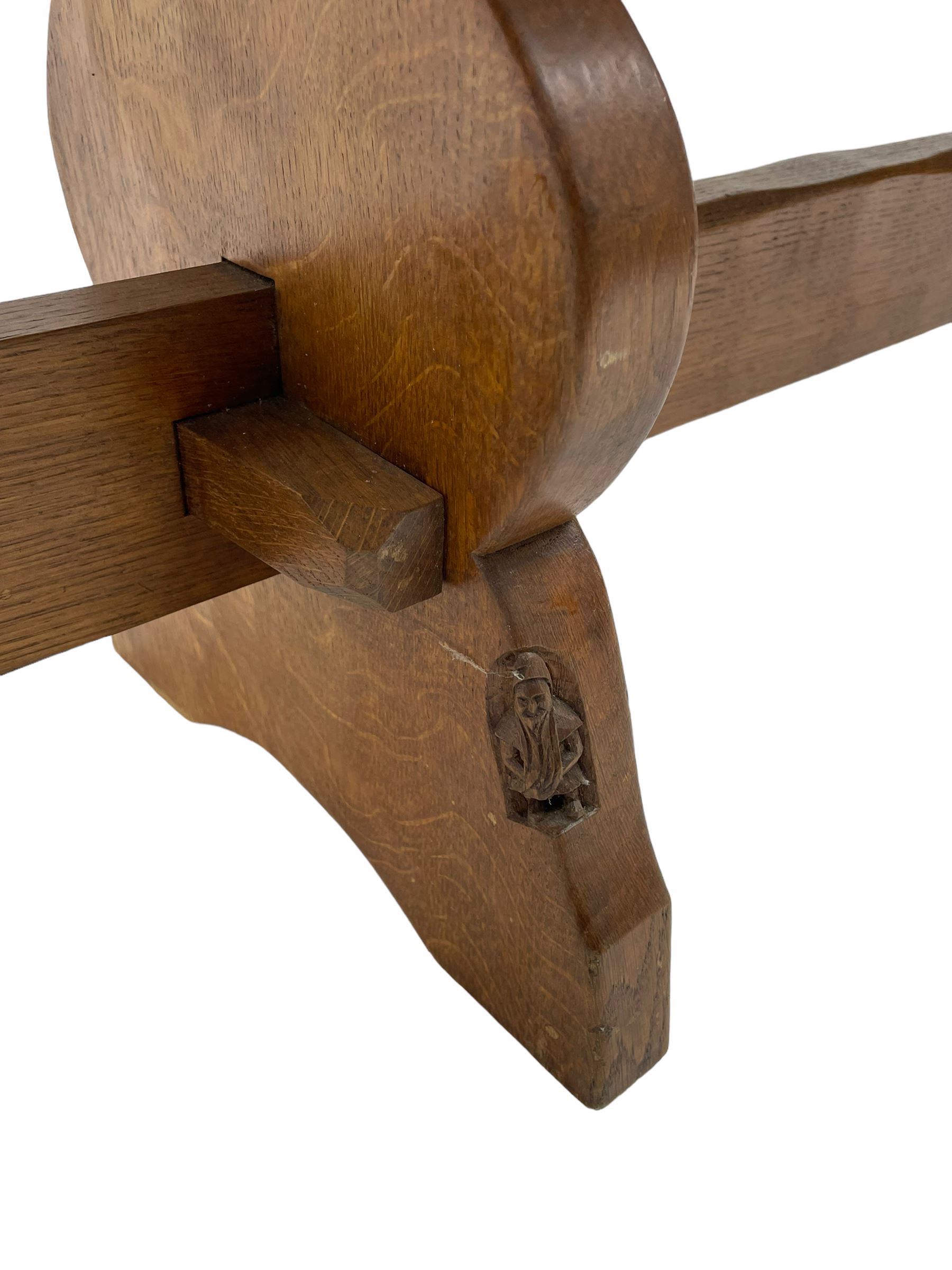 Gnomeman - adzed oak narrow bench, rectangular seat on shaped end supports united by pegged stretcher, carved with gnome signature, by Thomas Whittaker, Little Beck 