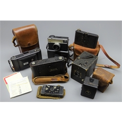  Seven vintage cameras comprising Contessa Pixie 4 x 6cm compact strut camera c1913, Kodak No.1 Autographic, Zeiss Ikon Baby Box, Kodak Instamatic 233, pre-war Ensign Selfix 420 with letter of provenance and Coronet Rex Box camera, all with cases, and an uncased ICA Icarette folding camera (7)  