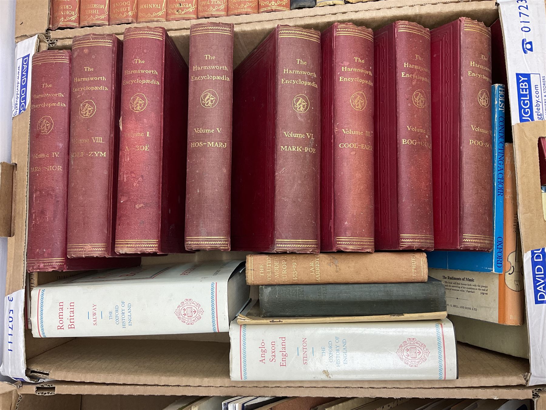 Collection of books, to include eight volumes of The Harmsworth Encyclopaedia, Dicken novels, readers digest books etc in five boxes