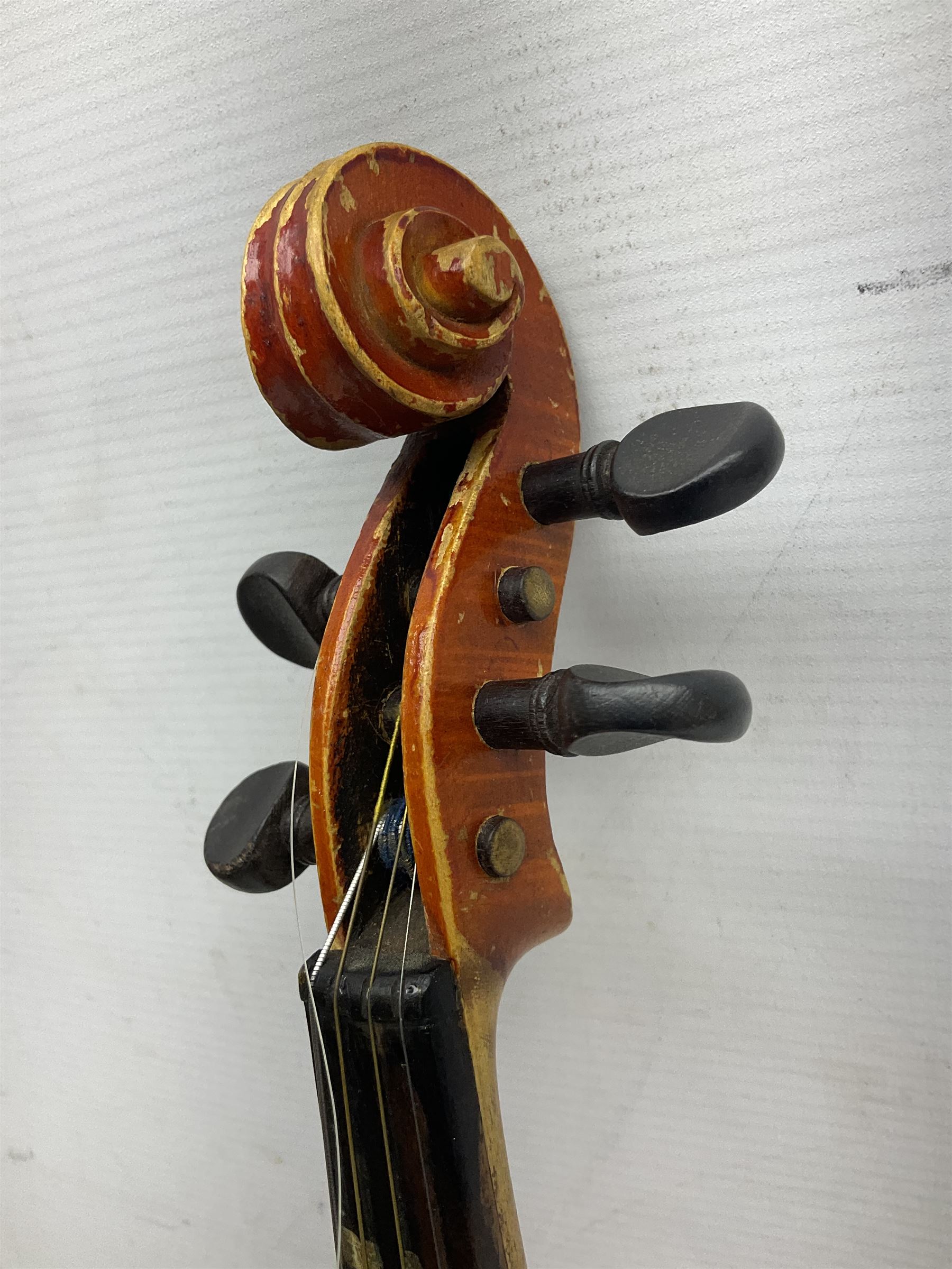 Two three-quarter size violins - German Saxony with 34cm one-piece maple back and ribs and spruce top; L56cm overall; and Hungarian with 34cm two-piece maple back and ribs and spruce top; L56cm overall; each in carrying case with bow (2)