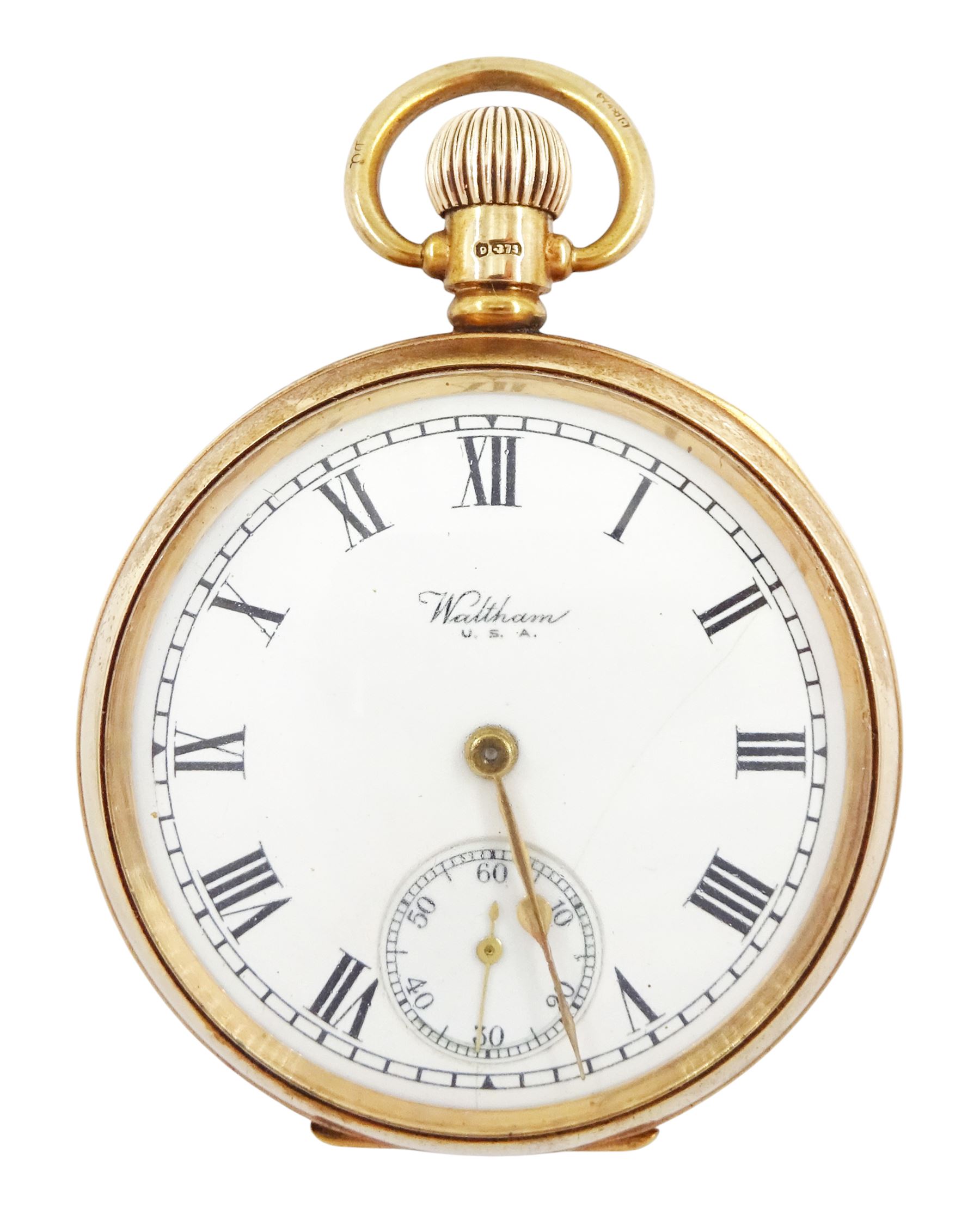 Early 20th century 9ct gold open face, keyless lever pocket watch by American Watch Company, Waltham, No. 26671063, case by Dennison, Birmingham 1929