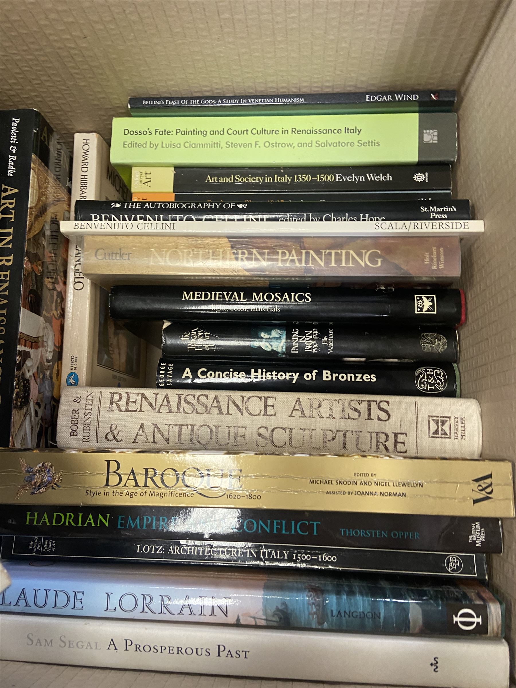 Large quantity of art reference books predominantly in English, to include David Hockney a Retrospective, The Folio Society; The Story of the Renaissance, Henry Moore, etc in four boxes   