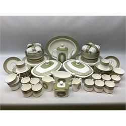 Royal Doulton Sonnet pattern part tea and dinner service, including  twelve dinner plates, twelve bowls, twelve side dishes, two covered tureens, one meat platter, coffee pot, twelve coffee cans and saucers etc (approx 90)