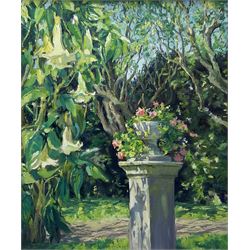 Catherine Tyler (British 1949-): 'Cadiz Garden', oil on canvas signed and dated '01, titled verso with Chelsea Art Society exhibition label 53cm x 44cm
