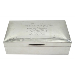 Silver cigarette box by W T Wiseman, Birmingham 1929, later inscribed 'Presented to Lt Col E M.Murphy.. by W.Os and Sergeants 8th (Irish) Batt'n The Kings Regiment January 1940