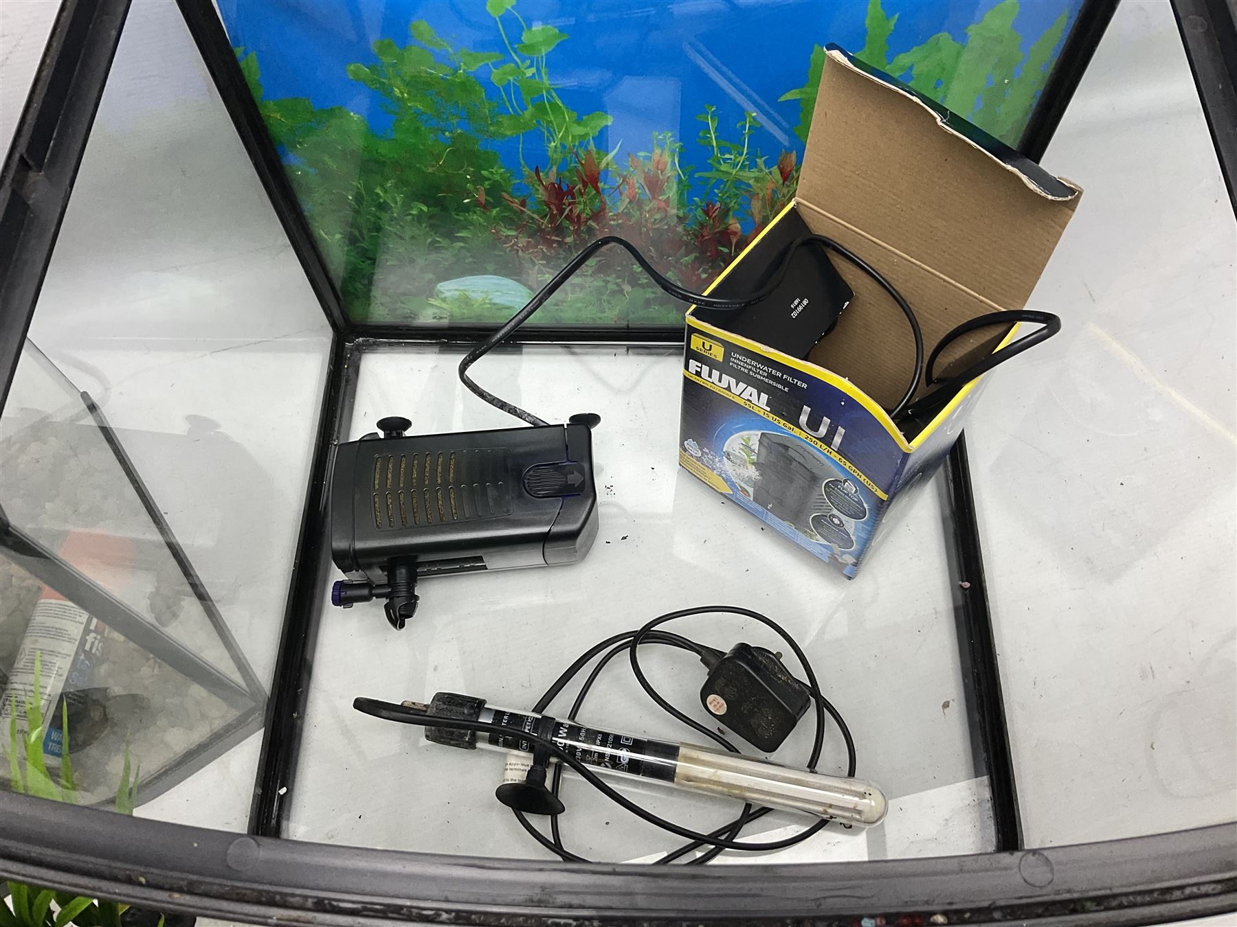 Two fish aquariums, comprising Interpet Aquapod LED starter kit 45l and PAH Fishbox 48l, with various accessories, tallest H40cm