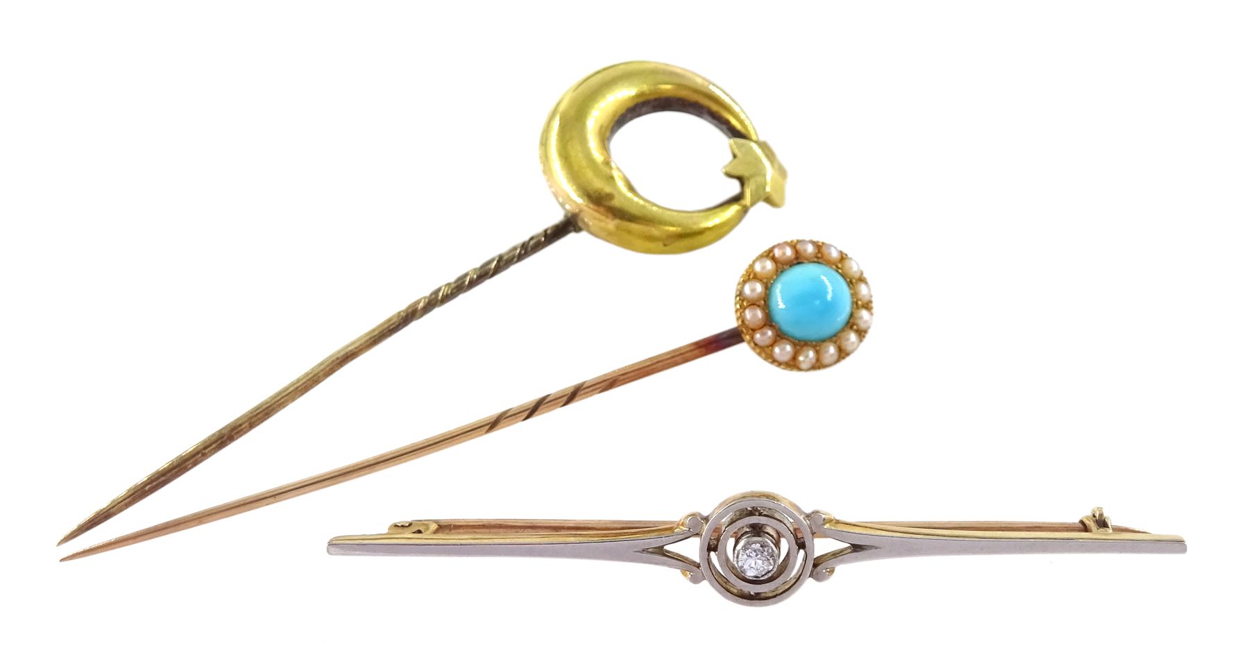 Early 20th century gold turquoise and pearl stick pin, gold crescent moon pin and a gold diamond brooch
