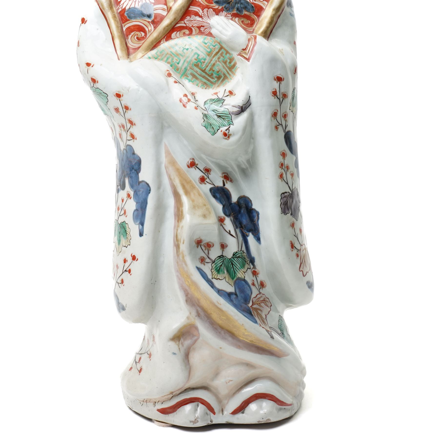Large Japanese Imari porcelain figure, modelled as a Bijin, wearing a long kimono decorated with apple blossom and leafy branches on a white ground, with gilt detailing, possibly Edo period, H63cm