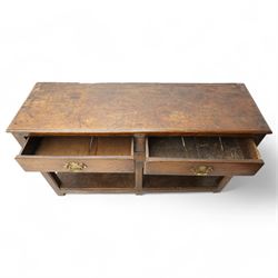 18th century oak dresser base, moulded rectangular top over two drawers and shaped apron, moulded drawer fronts fitted with shaped brass handle plates and swan neck handles, on chamfered square supports united by pot board base 