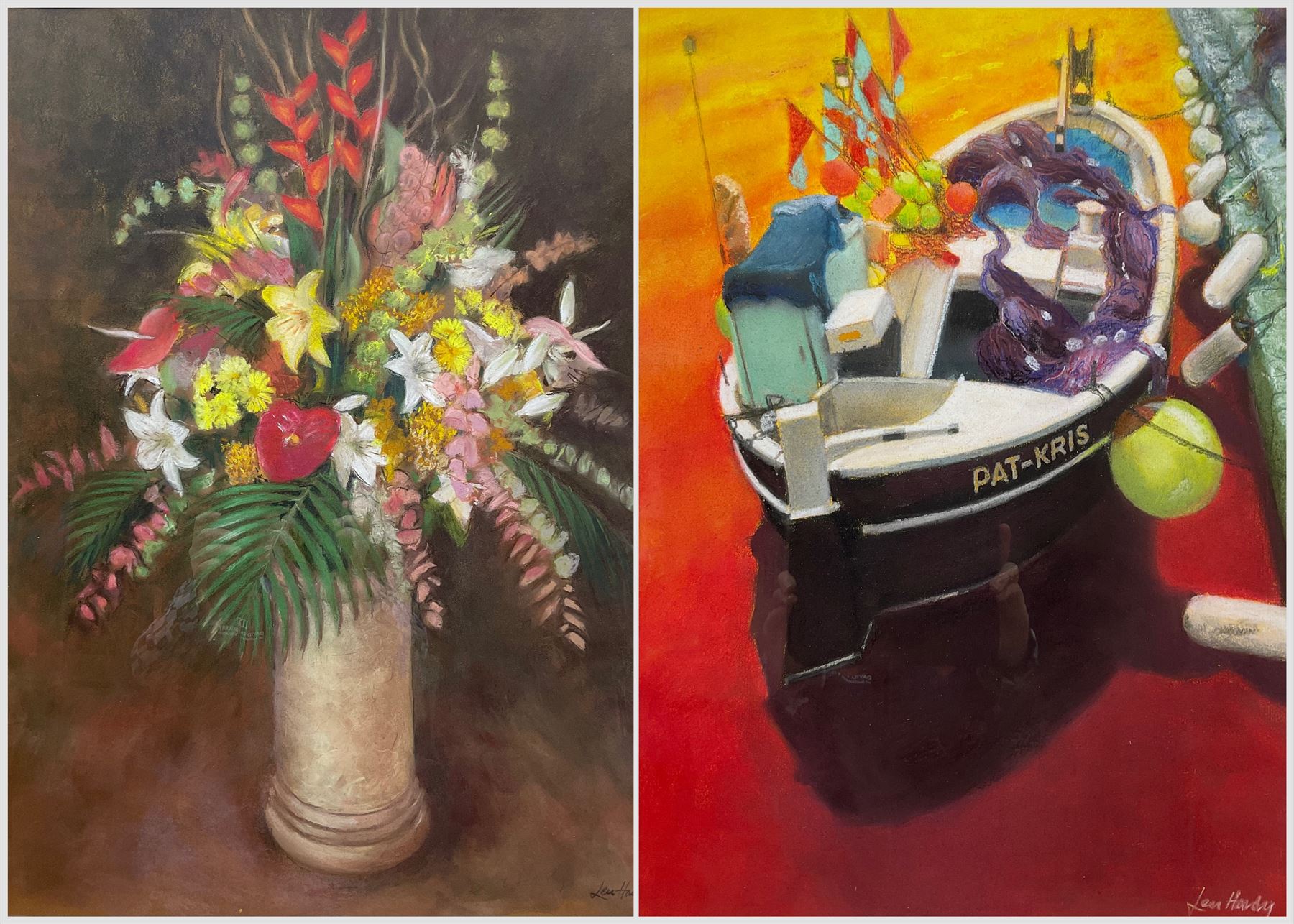 Leonard 'Len' Hardy (British 20th Century):Boats at Sunset and 'Flowers Cruise Ship Style', two pastels signed, one titled verso, max 67cm x 50cm (2)