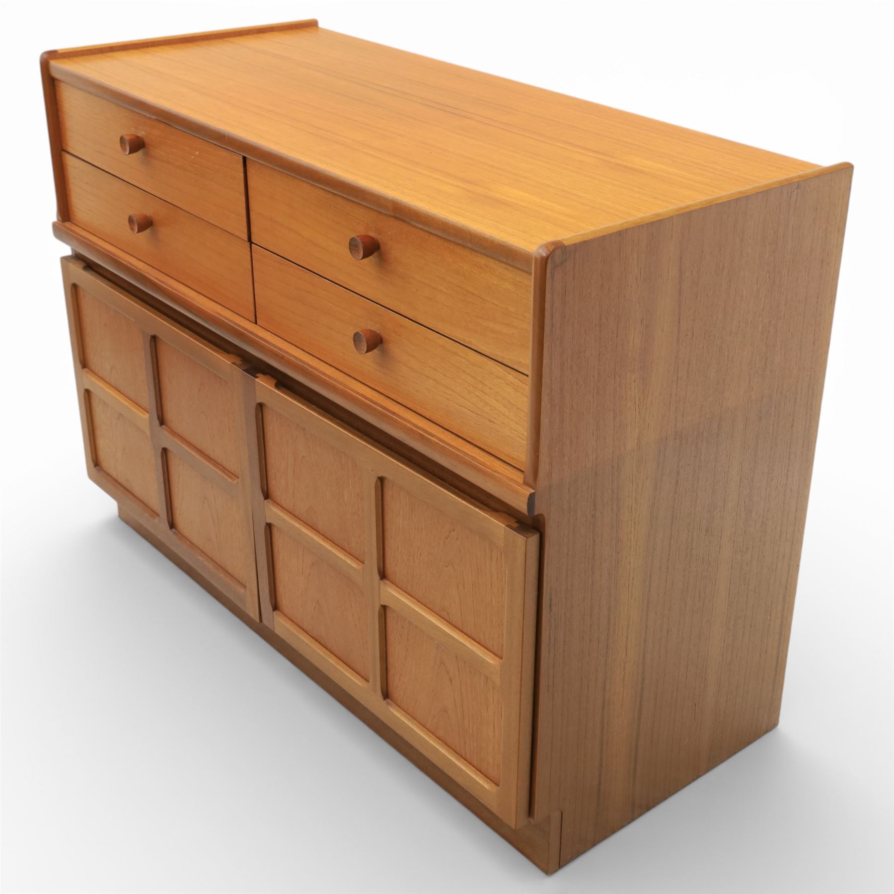Nathan - 'Squares' pair of sideboards, rectangular top over four short drawers, above signature square panelled cabinet doors on a recessed plinth base
