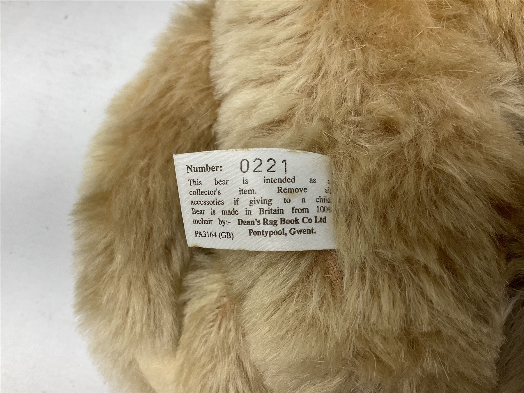 Dean's Rag Book limited edition teddy bear 'Bell Bear' No.221/1500 H32cm; Chad Valley Chiltern Hygenic teddy bear seated holding a honey pot; 1960s plush covered 'Sooty' teddy bear; and another smaller plush covered teddy bear (4)