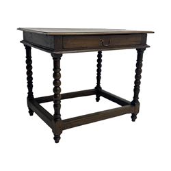 Late Victorian oak side table, rectangular top with moulded edge and frieze drawer with brass handle, raised on turned bulbous supports united by square-section stretchers