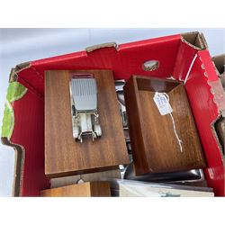 20th century brass perpetual desk calendar of triangular form, together with Mauchlin ware box (a/f), olive wood box, box with beaded decoration, other treen etc, Lesney Model of Yesteryear ashtray limited edition 1911 Renault and another similar, Royal Signals Corps buttons, motor ephemera, other misc 