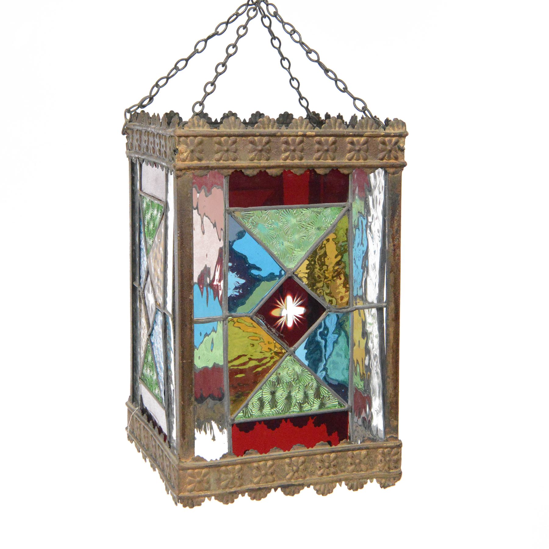 Edwardian metal framed hanging hall lantern, of rectangular form, with leaded stained and clear glass panels, H28cm
