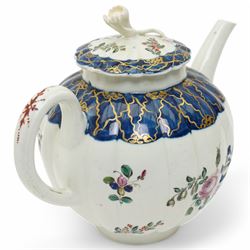 Liverpool Phillip Christian teapot and cover, c. 1775, the reeded body painted with floral sprays beneath a blue border with gilt decoration, the cover with flower-bud finial, H15.5cm; together with an 18th century Worcester teapot, with painted floral decoration (2)