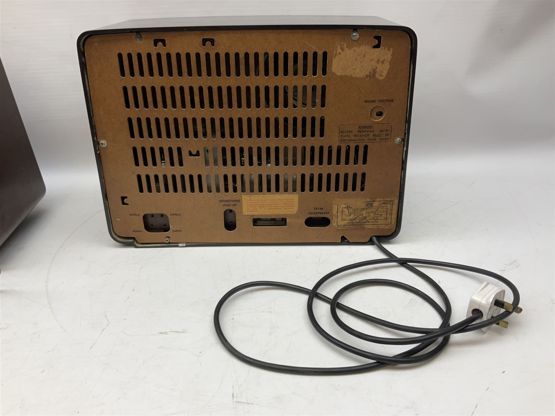 1950s Philips valve radio model B3G63A in brown Bakelite case, W42cm D21cm H30cm, together with 1950s Cossor Melody Maker model 524 radio and 1950s Grundig model 2041, tallest H35.5cm