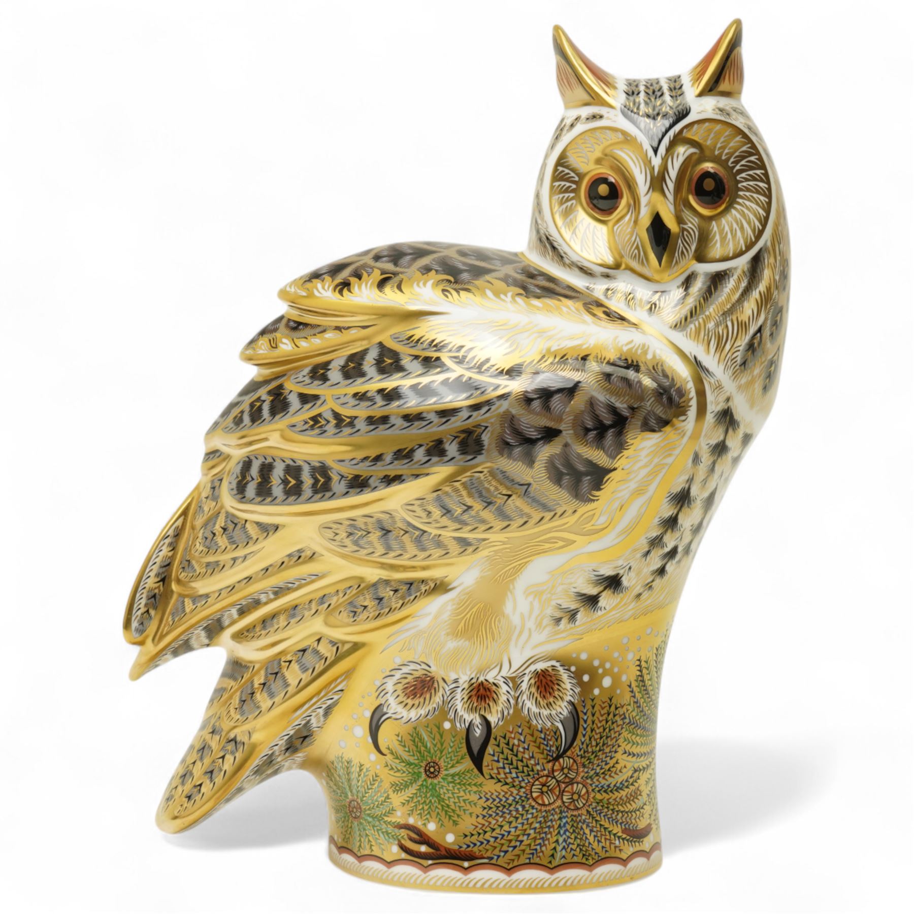 Royal Crown Derby Imari: Long Eared Owl, limited edition paperweight No 114 of 300, designed by Tien Manh Dinh signed by Hugh Gibson and with gold stopper and certificate H27cm