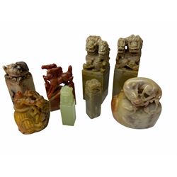 Group of Chinese hardstone and soapstone seals and figures, to include examples with terminals modelled as dogs of foo, dragons, phoenix, koi, flying horses of Gansu, etc. (16).  