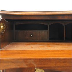 Quality Georgian design mahogany serpentine secretaire chest, the shaped top with moulded edge, fitted with cock-beaded secretaire drawer with button-release fall-front enclosing fitted interior, over three graduating drawers with brass drop handles on pierced circular plates, the canted uprights carved with blind-fret strapwork, lower moulded edge on shaped bracket feet