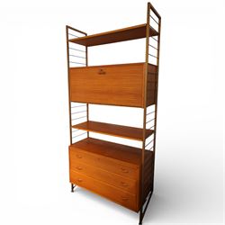 Staples - 'Ladderax' wall mounted modular teak unit, comprising two shelves, a fall front cabinet above three drawer unit below, supported on metal ladder frames 
