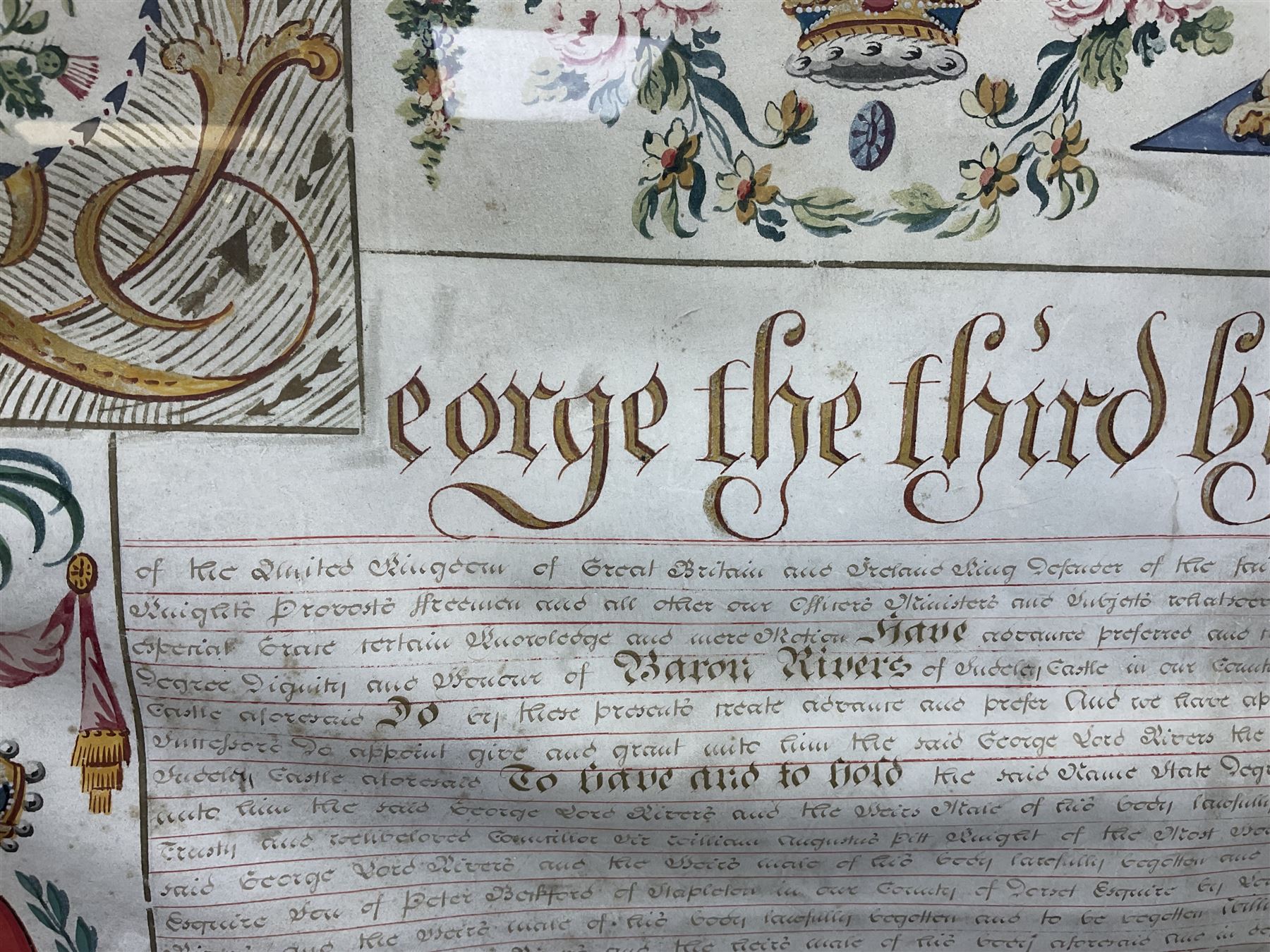 Large 18th century framed and glazed Indenture for King George III to George Rivers, Lord Rivers of Straths Saye, including frame H92.5cm L107.5cm