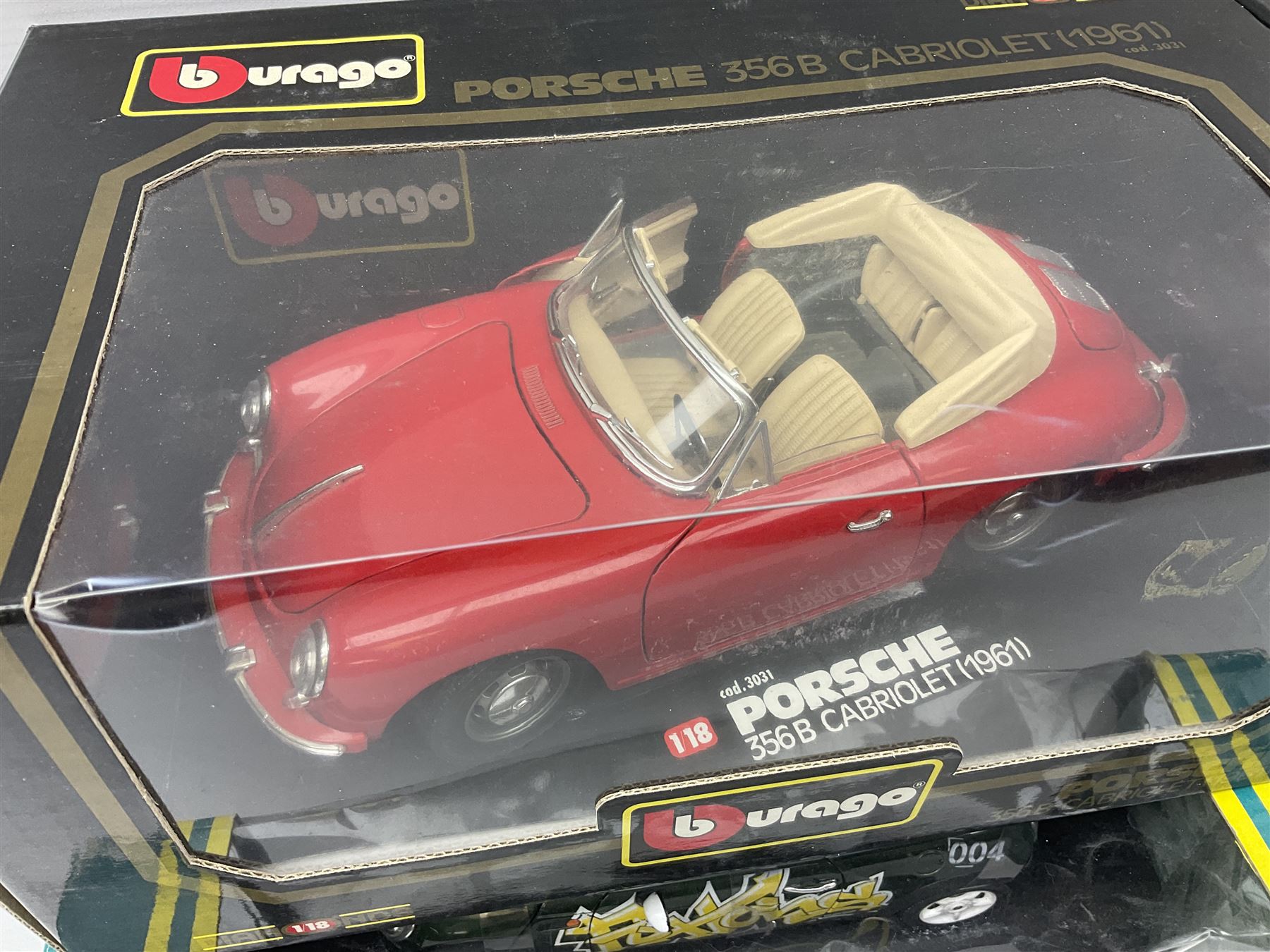 Nine 1:18/1:24 scale die-cast models - two Foxtons Mini Coopers; Road Legends Shelby Cobra; Maisto Mustang Mach III; and five by Bburago including Porsche 356B Cabriolet 1961, Chevrolet Corvette Convertible 1998 etc; all boxed (9)