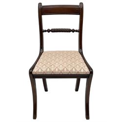 Regency design mahogany extending dining table, rectangular top with extending canted corners, pull-out action with additional leaf (84cm x 136cm - 182cm, H76cm); set of eight Regency design mahogany dining chairs with rope twist rails