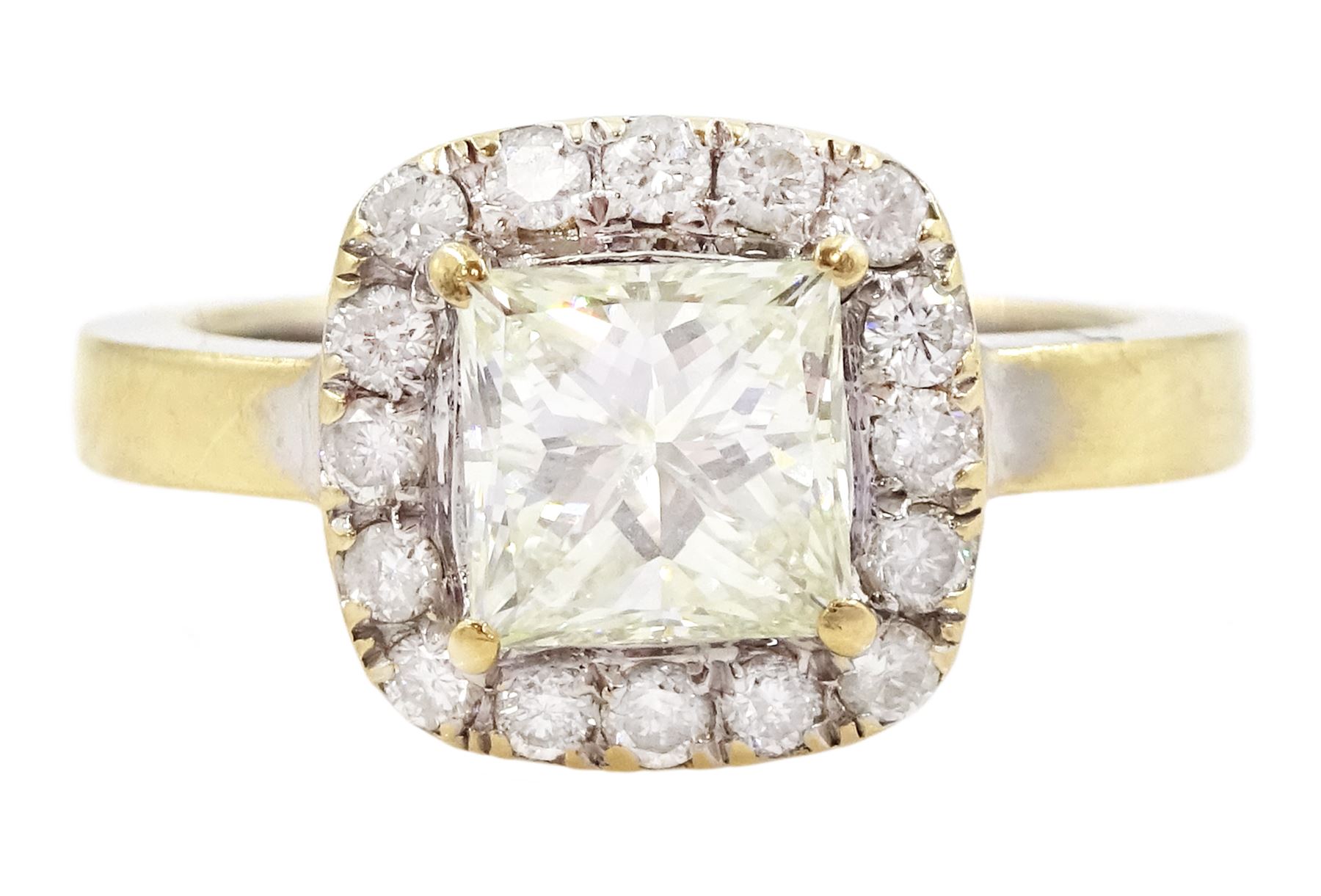 18ct gold diamond cluster ring, the central princess cut light yellow diamond of approx 1.00 carat, with round brilliant cut white diamond surround, total diamond weight 1.31 carat