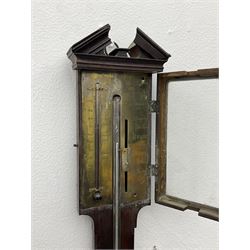 William IV mahogany stick barometer signed “Torre & Co, London”, with an architectural broken pediment above a glazed door, exposed mercury tube with glass bulb cistern behind a turned mahogany cover, engraved register plate with a scale from 27” to 31” with a manual vernier and spirit filled thermometer from zero to a hundred degrees fahrenheit, engraved with the makers name and weather predictions. 
Torre & Co are recorded as Barometer manufacturers, Leigh Street, Red Lion Square, London c1830.
