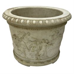 20th century marble planter, of slightly tapering cylindrical form, carved with a Classical frieze of figures and horse drawn chariot amidst clouds and sunburst, H32.5cm D45cm