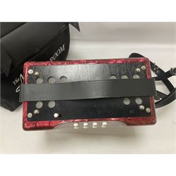 Hohner Double Ray black dot button melodeon in B/C; modern Irish style with eight bass and twenty-one treble buttons and double strap, with soft carrying case