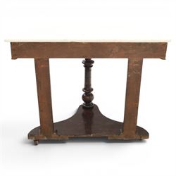 Victorian mahogany marble topped demi lune console table, raised on a turned front support, with shaped undertier, raised on castors