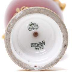 Early 20th century Royal Worcester vase and cover by Harry Davis, painted with a distant view of a castle and a couple resting on a red ground, heightened profusely with gilt, shape number 2422, printed marks in green to base, H25cm