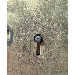 Large 19th century brass dead lock with key (16cm x 11cm) together with a gilt brass cased dead lock, the case with engraved cartouche and filigree, complete with key (18cm x 11cm) together with another engraved brass cased door lock (3)  - COLLECTION BY APPOINTMENT FROM: The White House, Thirsk Road, Easingwold, York, YO61 3NF - CALL 01723 507111 TO ARRANGE