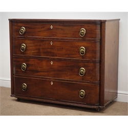  George III inlaid mahogany bow fronted mahogany chest of four graduating drawers, bone escutcheons, flanked by reeded columns, W116cm, H94cm, D57cm  