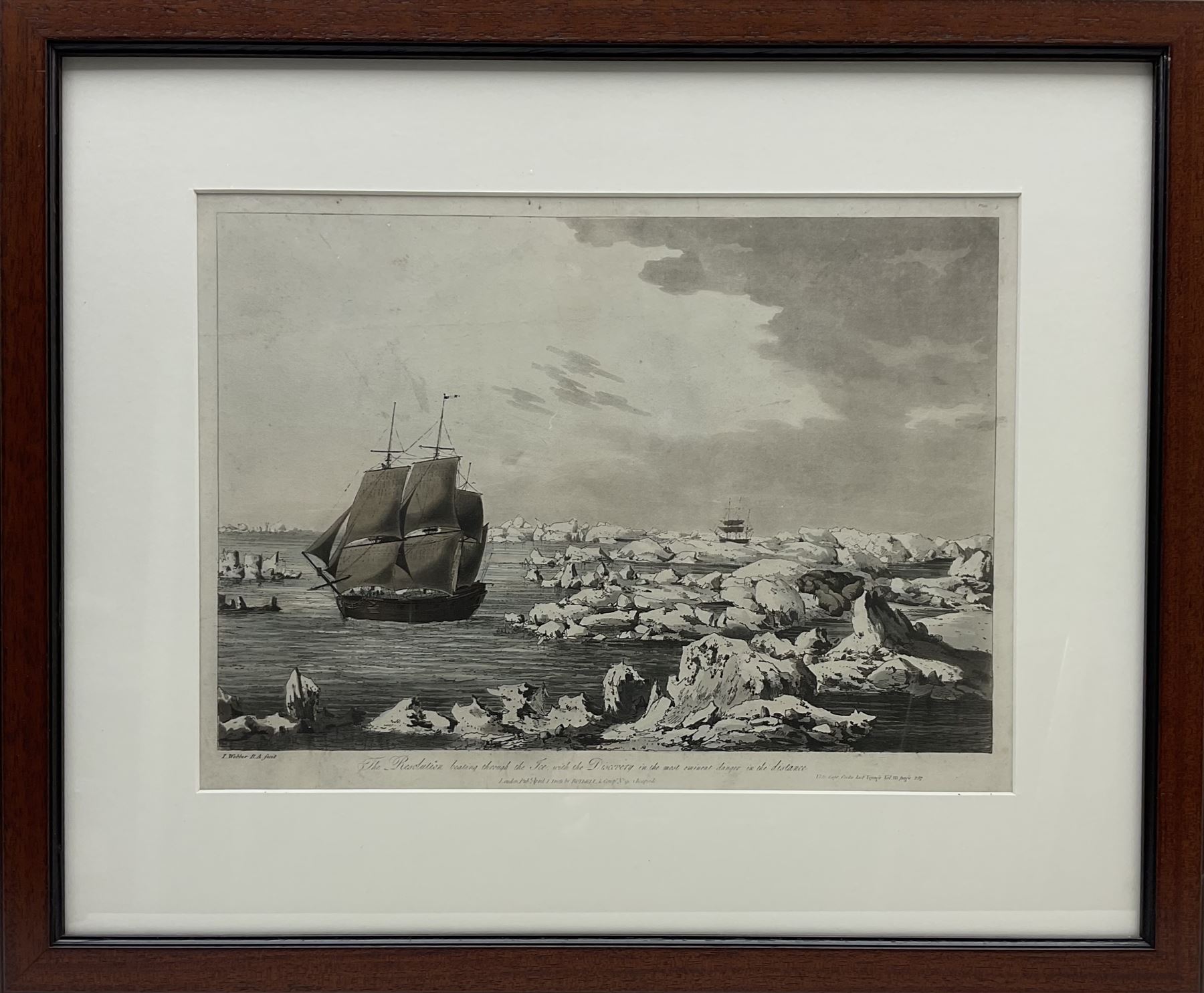 After John Webber (British 1752-1793): 'The Resolution beating through the Ice with the Discovery in the most eminent danger in the distance', page 257 from 'Captain Cook's Last Voyage vol III' engraving with hand colouring pub. 1809, 32cm x 44cm