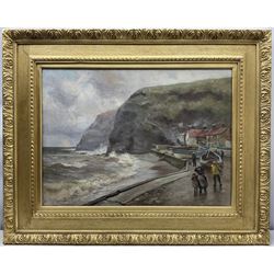 Robert Jobling (Staithes Group 1841-1923): A Blustery Day - Staithes, oil on canvas unsigned 54cm x 74cm 
Provenance: acquired by the vendor from the artist's great-grandson approximately 20 years ago - never previously been on the open market