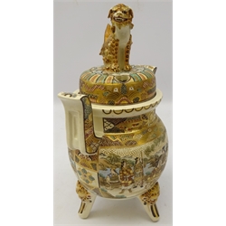  Late 19th/early 20th century Japanese Satsuma tripod Koro and cover decorated with Samurai on one side and courtiers verso, the pierced cover with Dog of Fo finial H27cm  